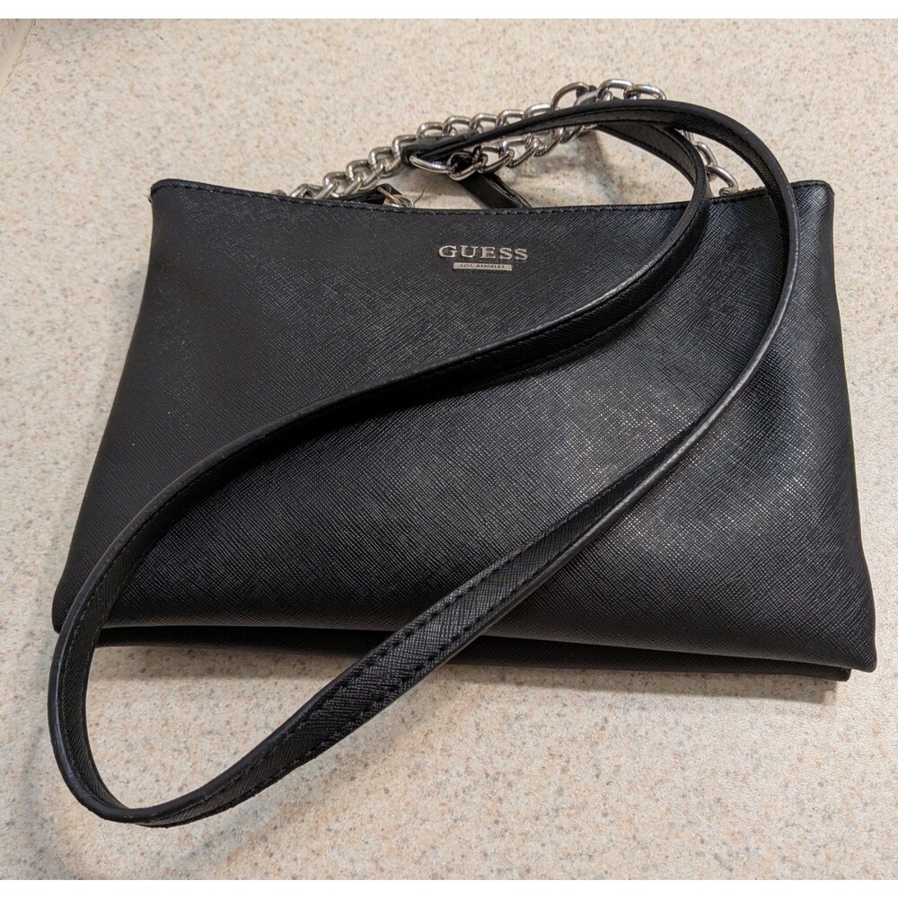 Guess Crossbody Bag With Logo, Chain Strap, Triple Compartment With Zippers